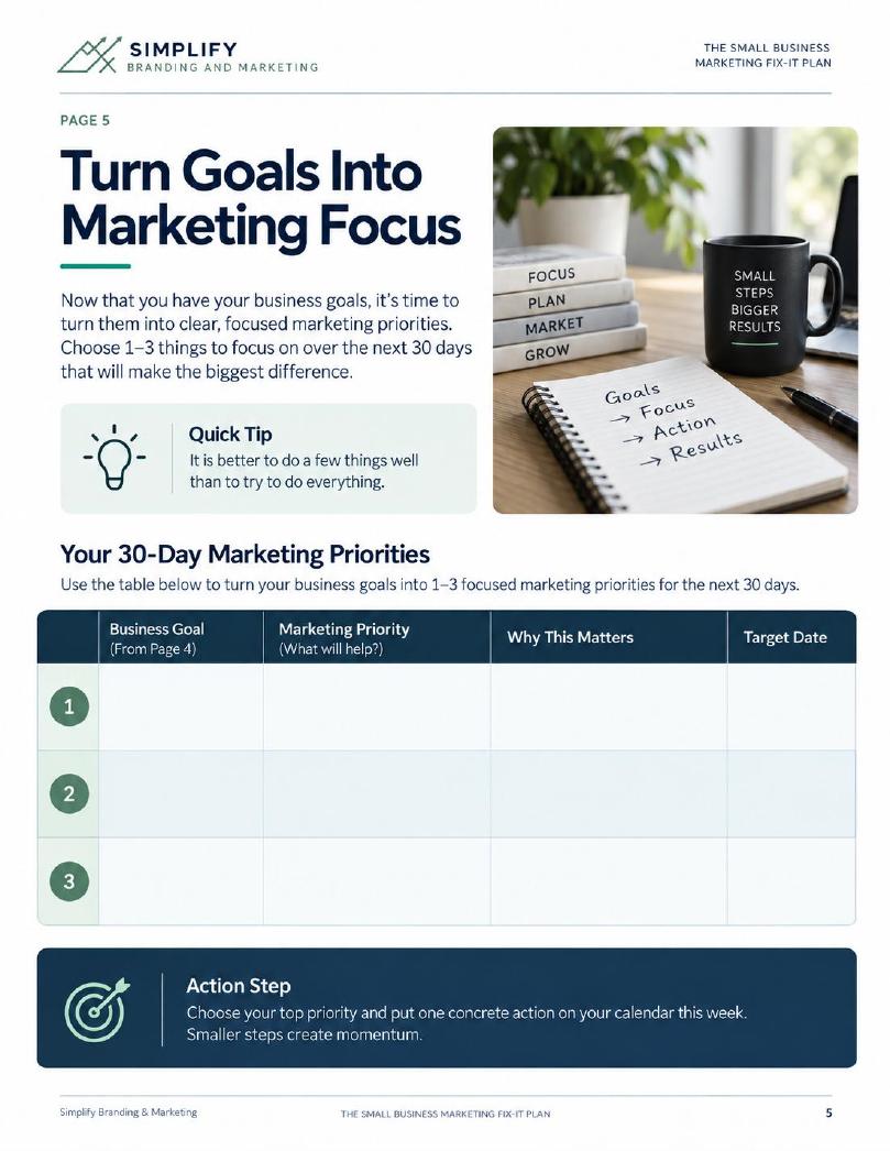 Workbook page: your 30-day marketing priorities table