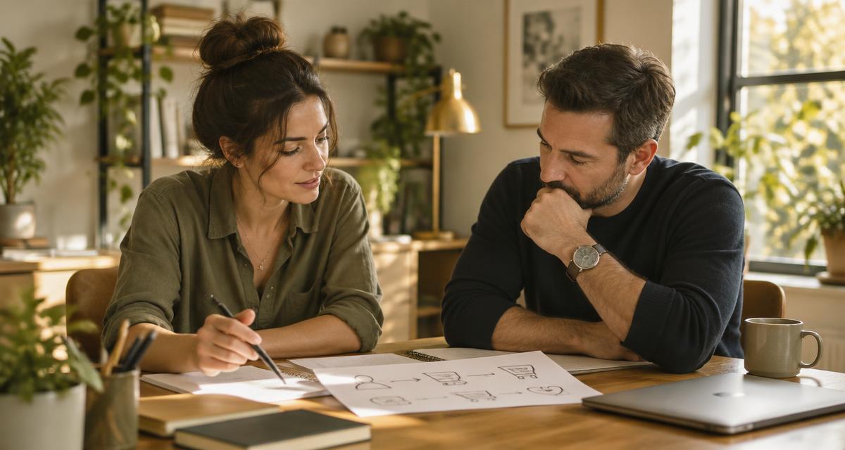 Small-business owner and marketing consultant reviewing a hand-sketched customer journey together at a table