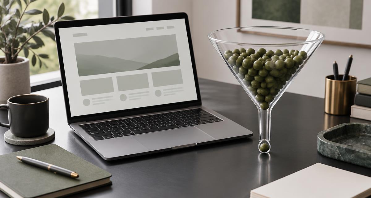 Laptop displaying a website beside a glass funnel of olive beads, illustrating traffic narrowing into very few leads